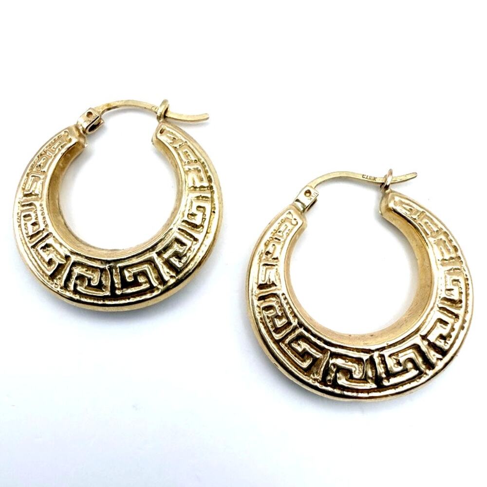 Signed CI 10K Yellow Gold Greek Key Hoop Earrings Boho Ethnic Lightweight 1.88g